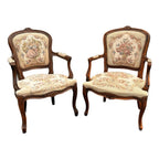 Early 20th Century French Walnut Needlepoint Arm Chairs- A Pair