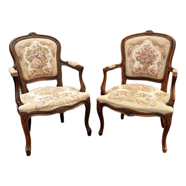Early 20th Century French Walnut Needlepoint Arm Chairs- A Pair