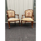 Early 20th Century French Walnut Needlepoint Arm Chairs- A Pair