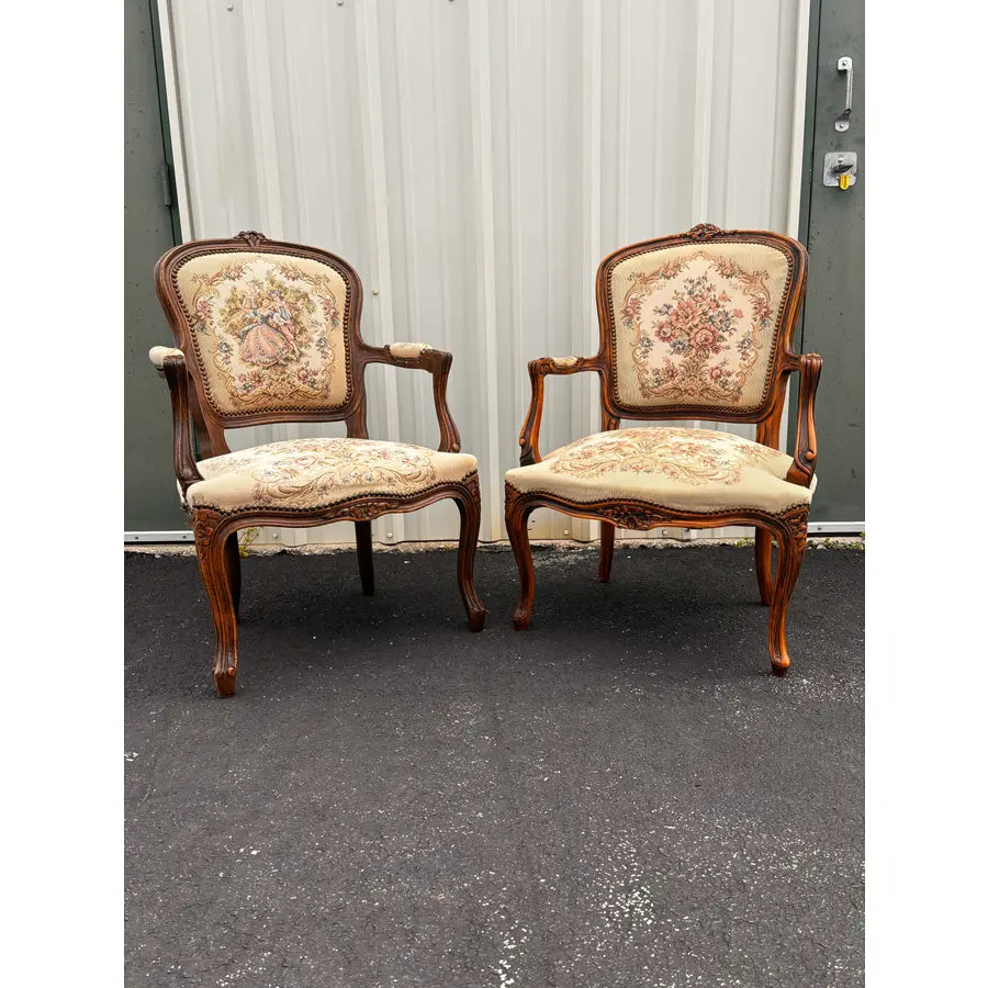 Early 20th Century French Walnut Needlepoint Arm Chairs- A Pair