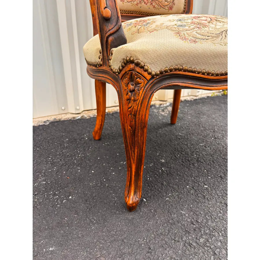 Early 20th Century French Walnut Needlepoint Arm Chairs- A Pair