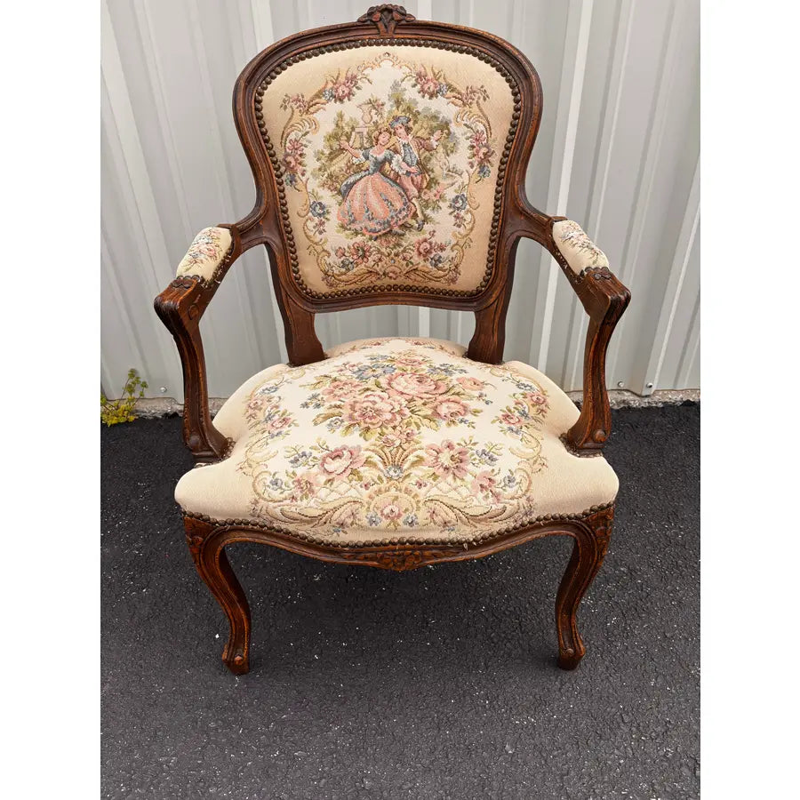 Early 20th Century French Walnut Needlepoint Arm Chairs- A Pair
