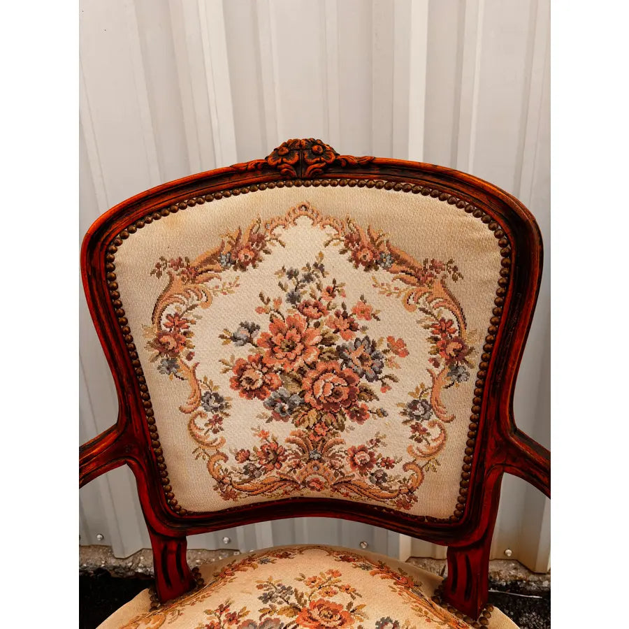 Early 20th Century French Walnut Needlepoint Arm Chairs- A Pair