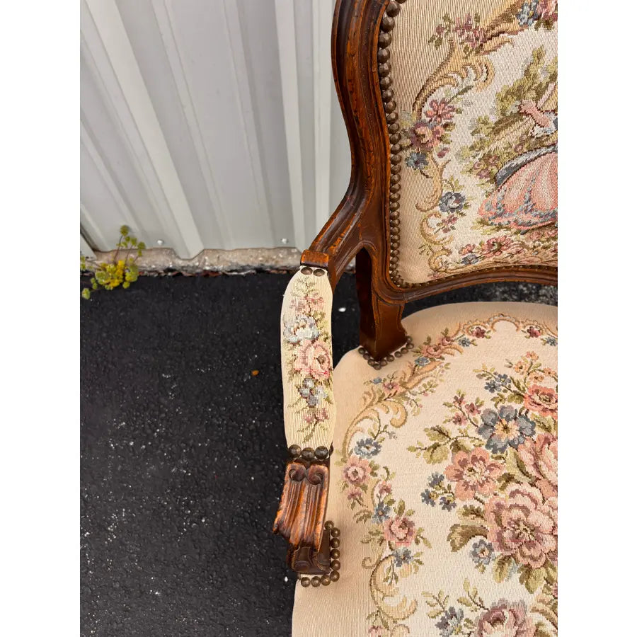Early 20th Century French Walnut Needlepoint Arm Chairs- A Pair