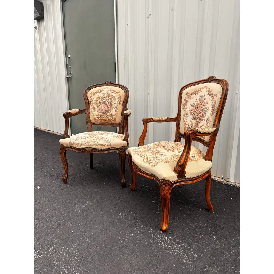 Early 20th Century French Walnut Needlepoint Arm Chairs- A Pair