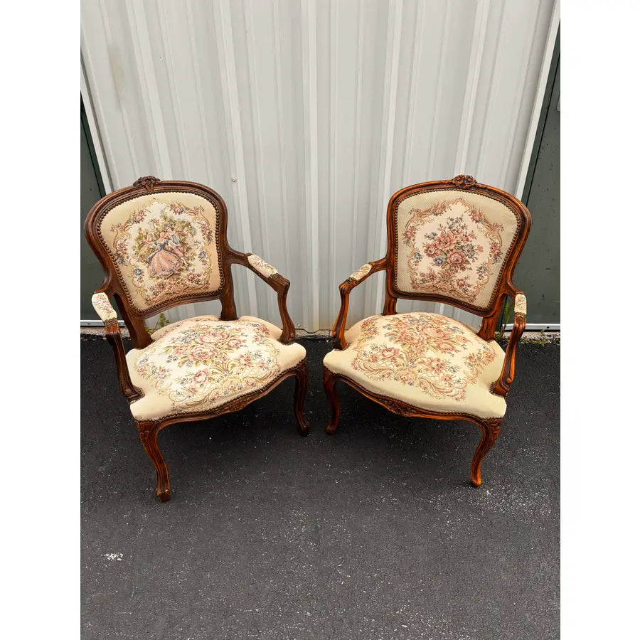 Early 20th Century French Walnut Needlepoint Arm Chairs- A Pair