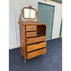 Early American Tiger Oak Tall Chest of Drawers With Mirror