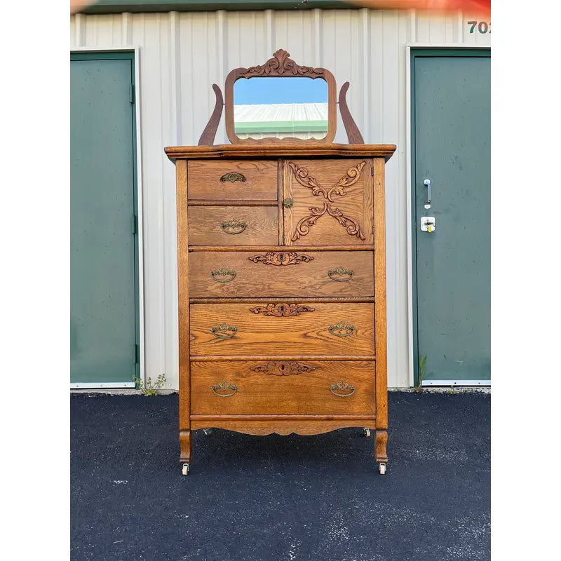 Early American Tiger Oak Tall Chest of Drawers With Mirror