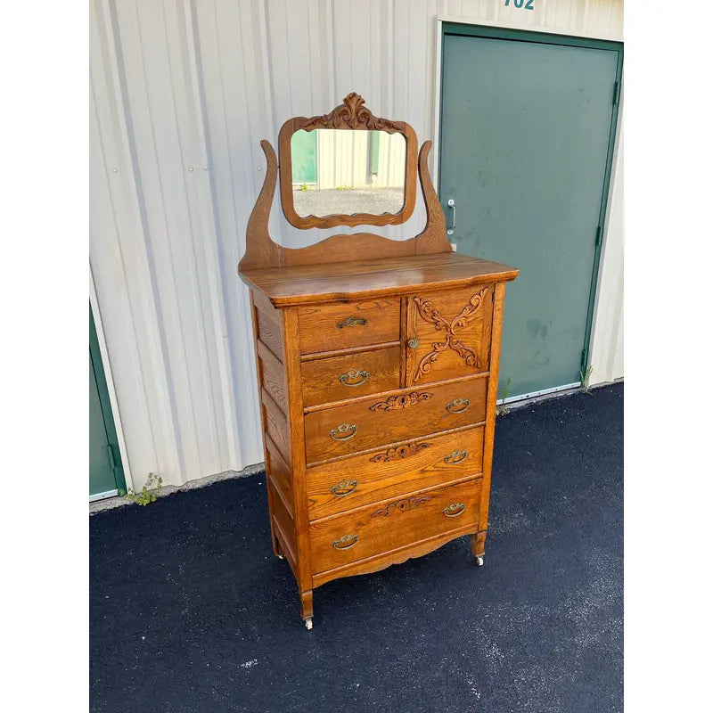 Early American Tiger Oak Tall Chest of Drawers With Mirror