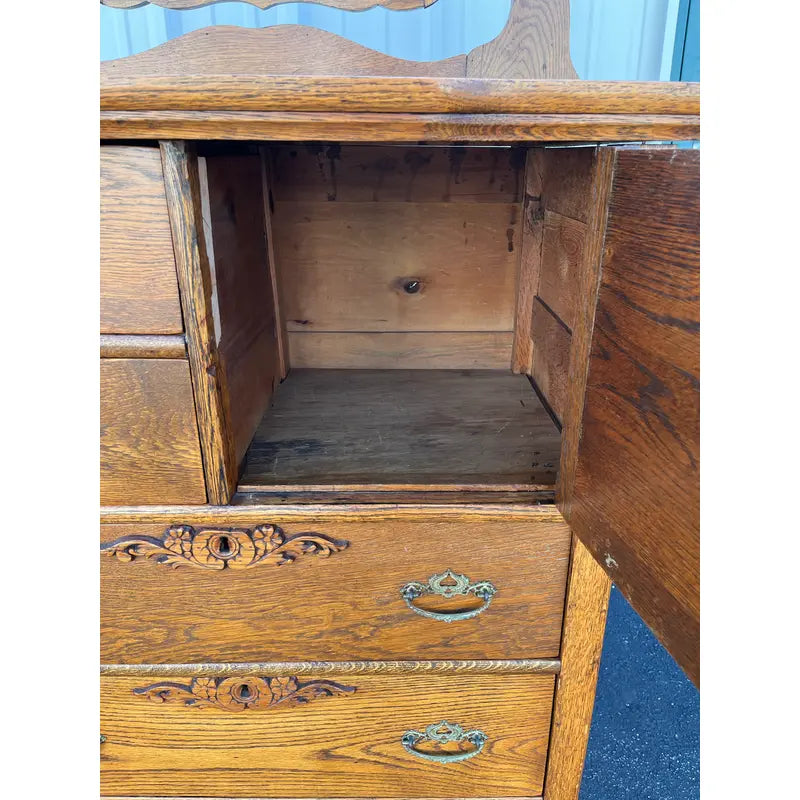 Early American Tiger Oak Tall Chest of Drawers With Mirror