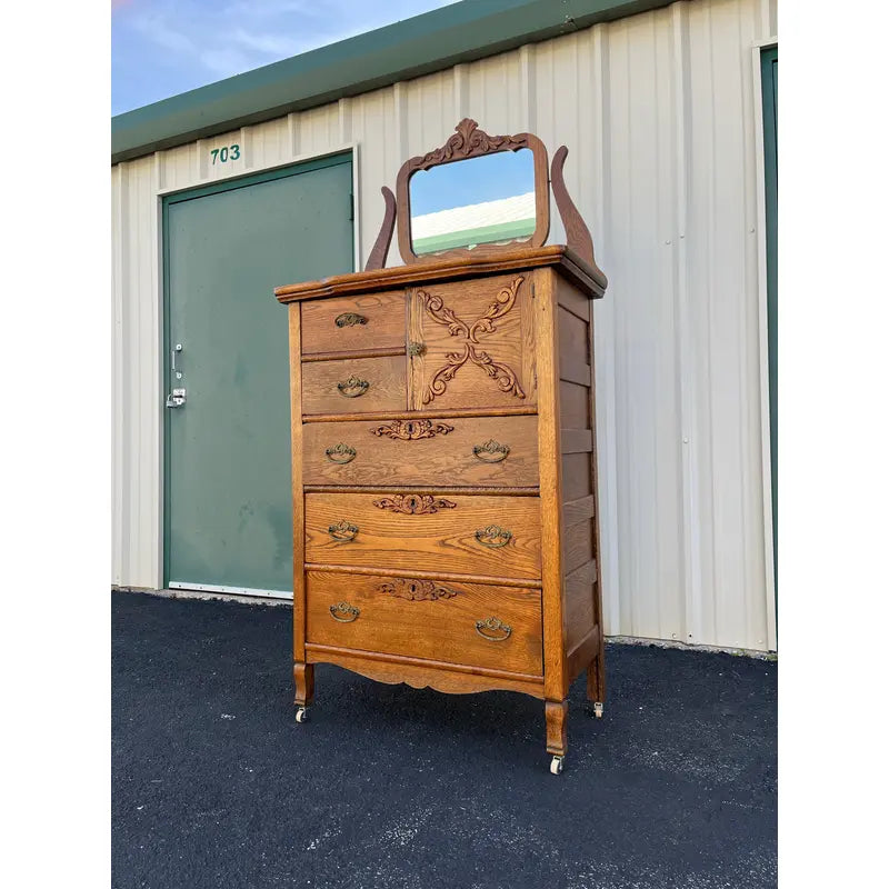 Early American Tiger Oak Tall Chest of Drawers With Mirror