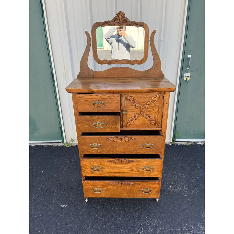 Early American Tiger Oak Tall Chest of Drawers With Mirror