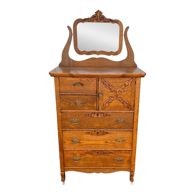 Early American Tiger Oak Tall Chest of Drawers With Mirror
