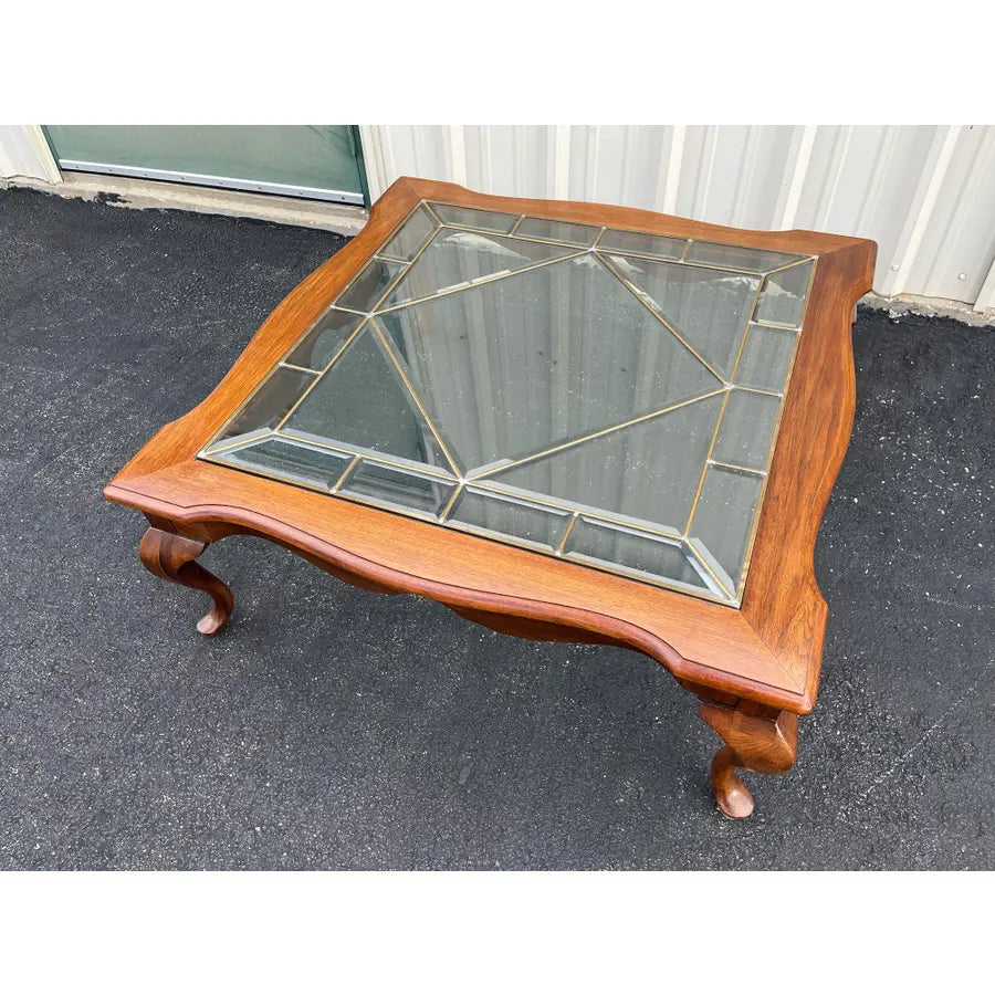Ethan Allen Inspired French Country Leaded Glass Cherry Coffee Table