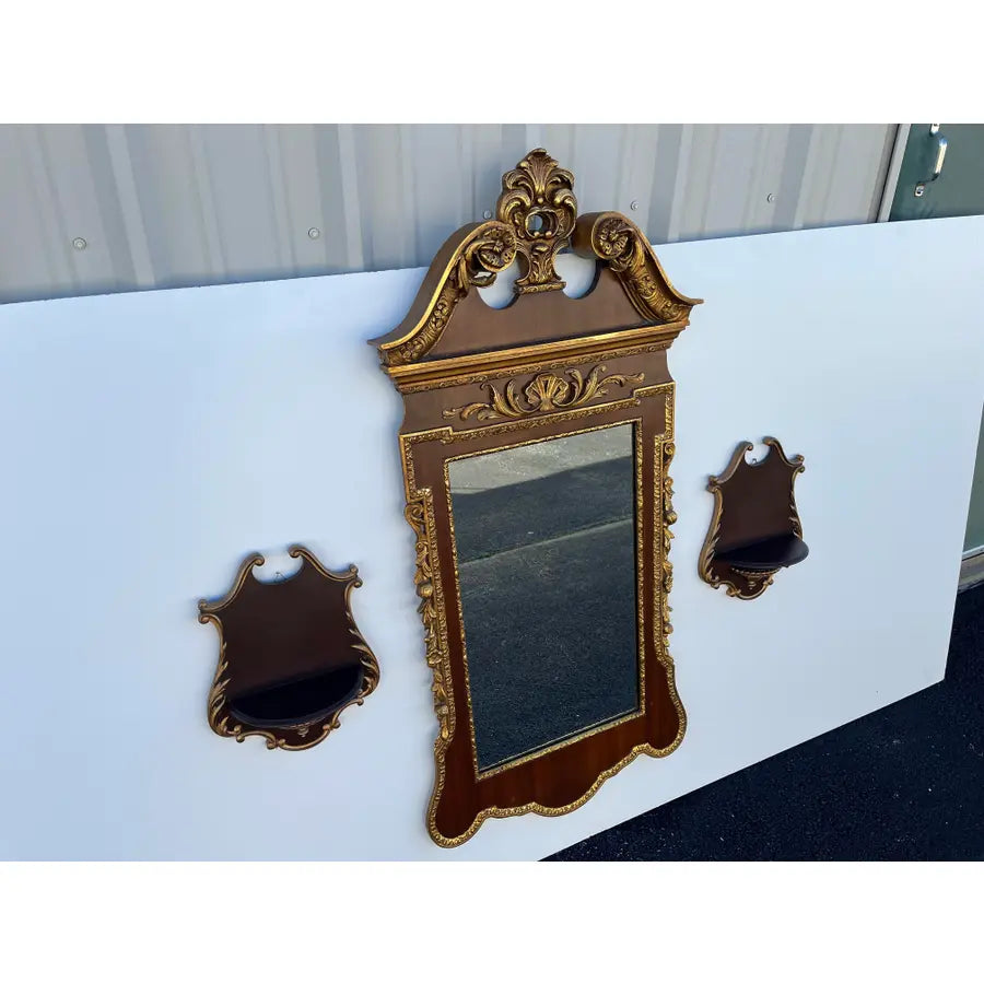 Florentine Style Mahogany Wall Mirror and Shelves, 3 Pieces