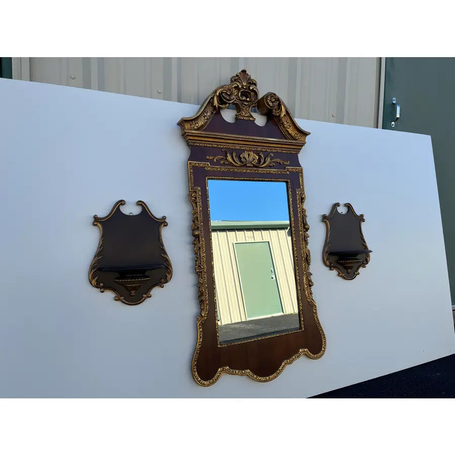 Florentine Style Mahogany Wall Mirror and Shelves, 3 Pieces
