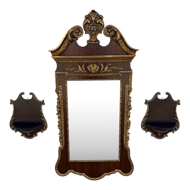 Florentine Style Mahogany Wall Mirror and Shelves, 3 Pieces