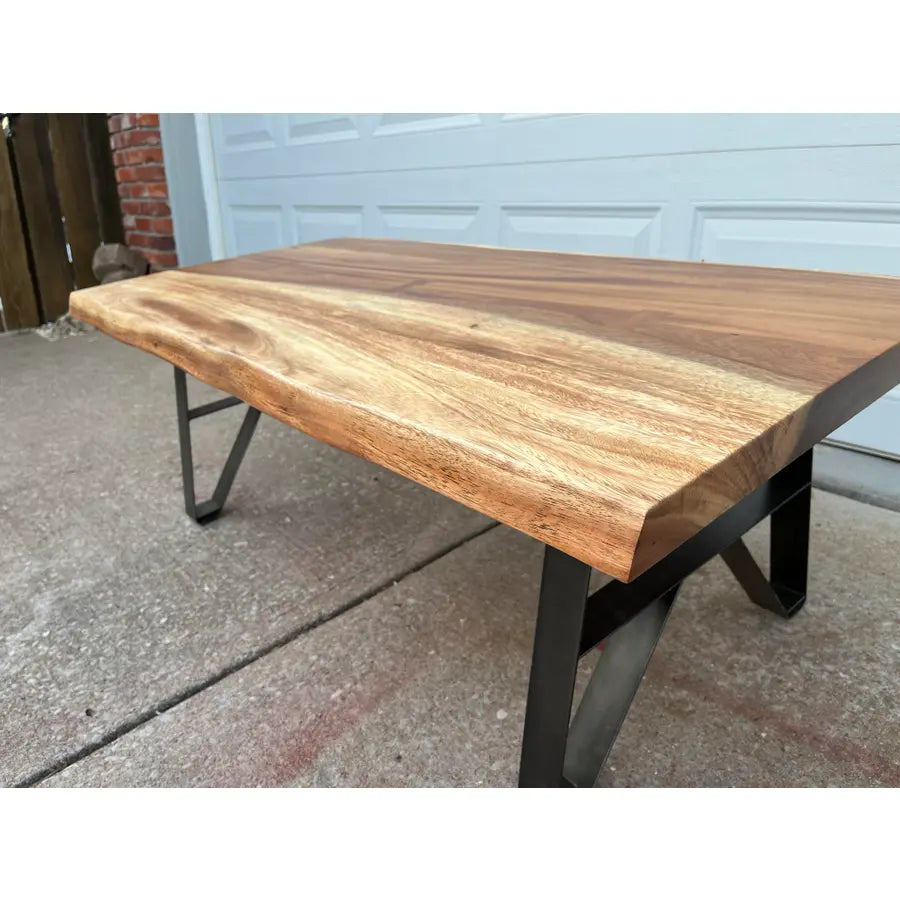 Industrial Style Live Edge Walnut Cocktail Coffee Table With Bow Tie Inlays