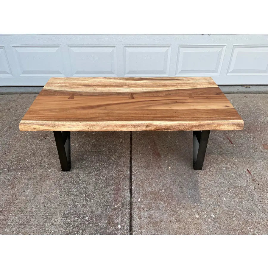Industrial Style Live Edge Walnut Cocktail Coffee Table With Bow Tie Inlays