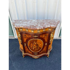 Italian Louis XV Satinwood Marquetry Console Cabinet- Pink Marble, Brass Ormolu & Porcelain Medallions