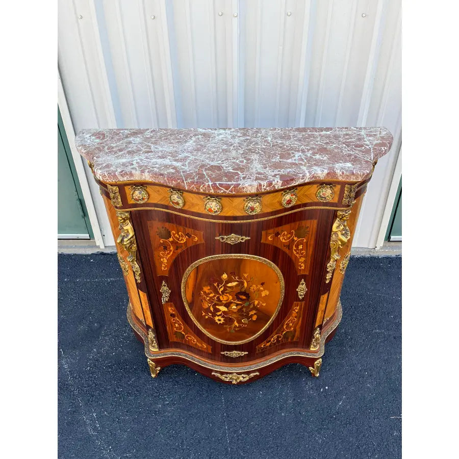 Italian Louis XV Satinwood Marquetry Console Cabinet- Pink Marble, Brass Ormolu & Porcelain Medallions