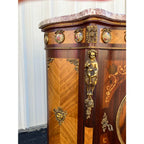 Italian Louis XV Satinwood Marquetry Console Cabinet- Pink Marble, Brass Ormolu & Porcelain Medallions