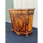 Italian Louis XV Satinwood Marquetry Console Cabinet- Pink Marble, Brass Ormolu & Porcelain Medallions