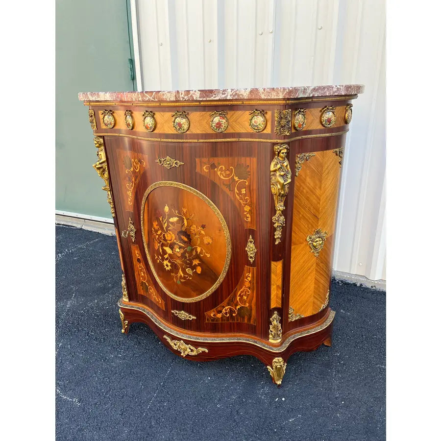 Italian Louis XV Satinwood Marquetry Console Cabinet- Pink Marble, Brass Ormolu & Porcelain Medallions