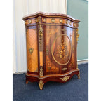 Italian Louis XV Satinwood Marquetry Console Cabinet- Pink Marble, Brass Ormolu & Porcelain Medallions