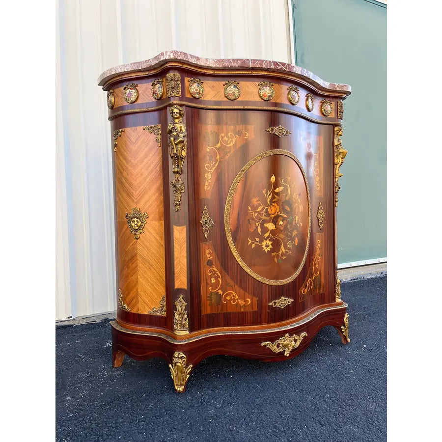Italian Louis XV Satinwood Marquetry Console Cabinet- Pink Marble, Brass Ormolu & Porcelain Medallions