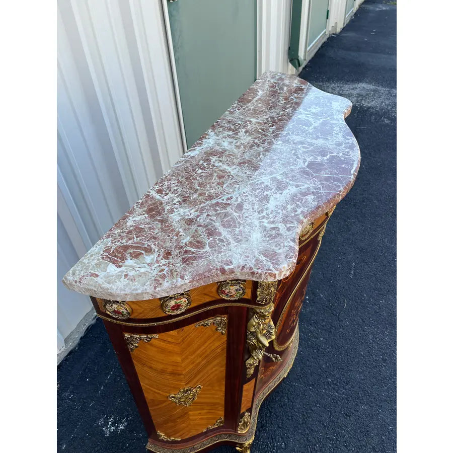 Italian Louis XV Satinwood Marquetry Console Cabinet- Pink Marble, Brass Ormolu & Porcelain Medallions
