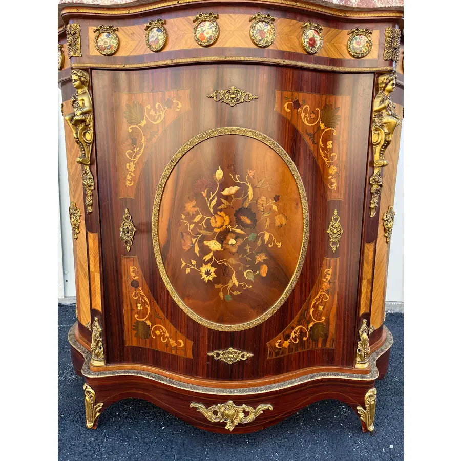 Italian Louis XV Satinwood Marquetry Console Cabinet- Pink Marble, Brass Ormolu & Porcelain Medallions
