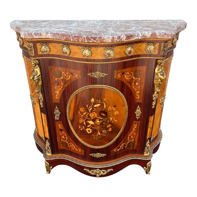 Italian Louis XV Satinwood Marquetry Console Cabinet- Pink Marble, Brass Ormolu & Porcelain Medallions