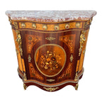 Italian Louis XV Satinwood Marquetry Console Cabinet- Pink Marble, Brass Ormolu & Porcelain Medallions