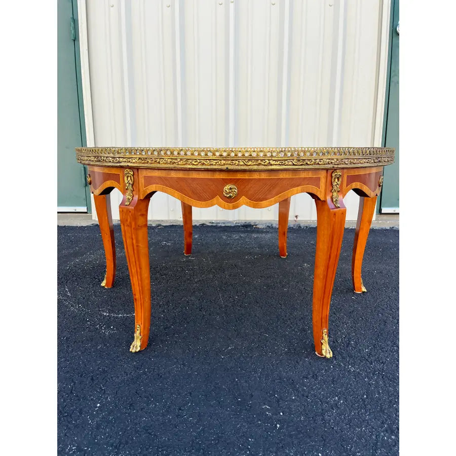 Italian Style Banded Mahogany Marble Top Coffee Table With Brass Gallery- Spain, Mid 20th Century