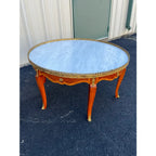 Italian Style Banded Mahogany Marble Top Coffee Table With Brass Gallery- Spain, Mid 20th Century