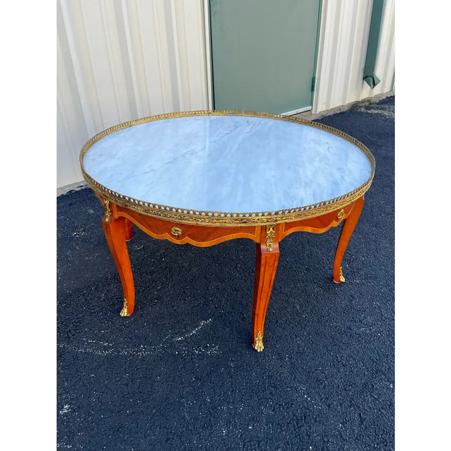 Italian Style Banded Mahogany Marble Top Coffee Table With Brass Gallery- Spain, Mid 20th Century
