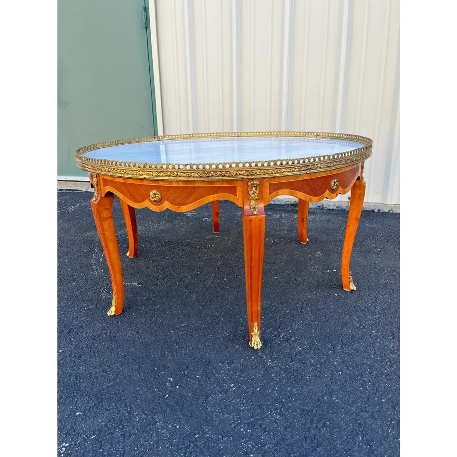 Italian Style Banded Mahogany Marble Top Coffee Table With Brass Gallery- Spain, Mid 20th Century