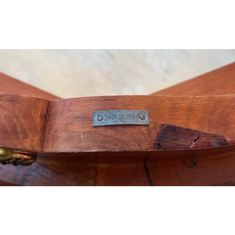 Italian Style Banded Mahogany Marble Top Coffee Table With Brass Gallery- Spain, Mid 20th Century