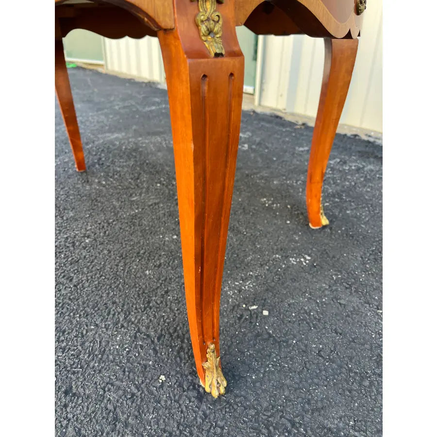 Italian Style Banded Mahogany Marble Top Coffee Table With Brass Gallery- Spain, Mid 20th Century