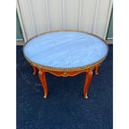 Italian Style Banded Mahogany Marble Top Coffee Table With Brass Gallery- Spain, Mid 20th Century