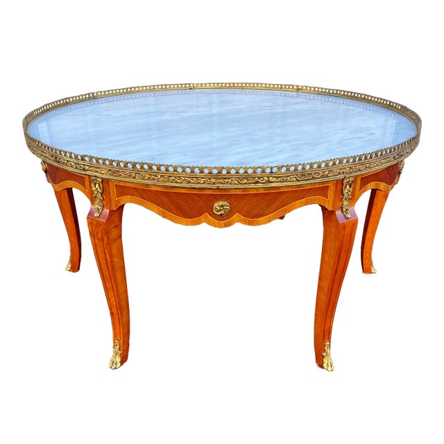 Italian Style Banded Mahogany Marble Top Coffee Table With Brass Gallery- Spain, Mid 20th Century