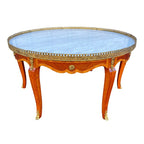 Italian Style Banded Mahogany Marble Top Coffee Table With Brass Gallery- Spain, Mid 20th Century
