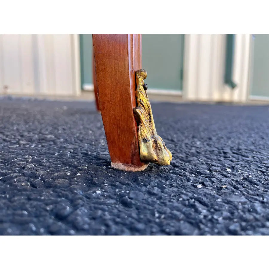 Italian Style Banded Mahogany Marble Top Coffee Table With Brass Gallery- Spain, Mid 20th Century