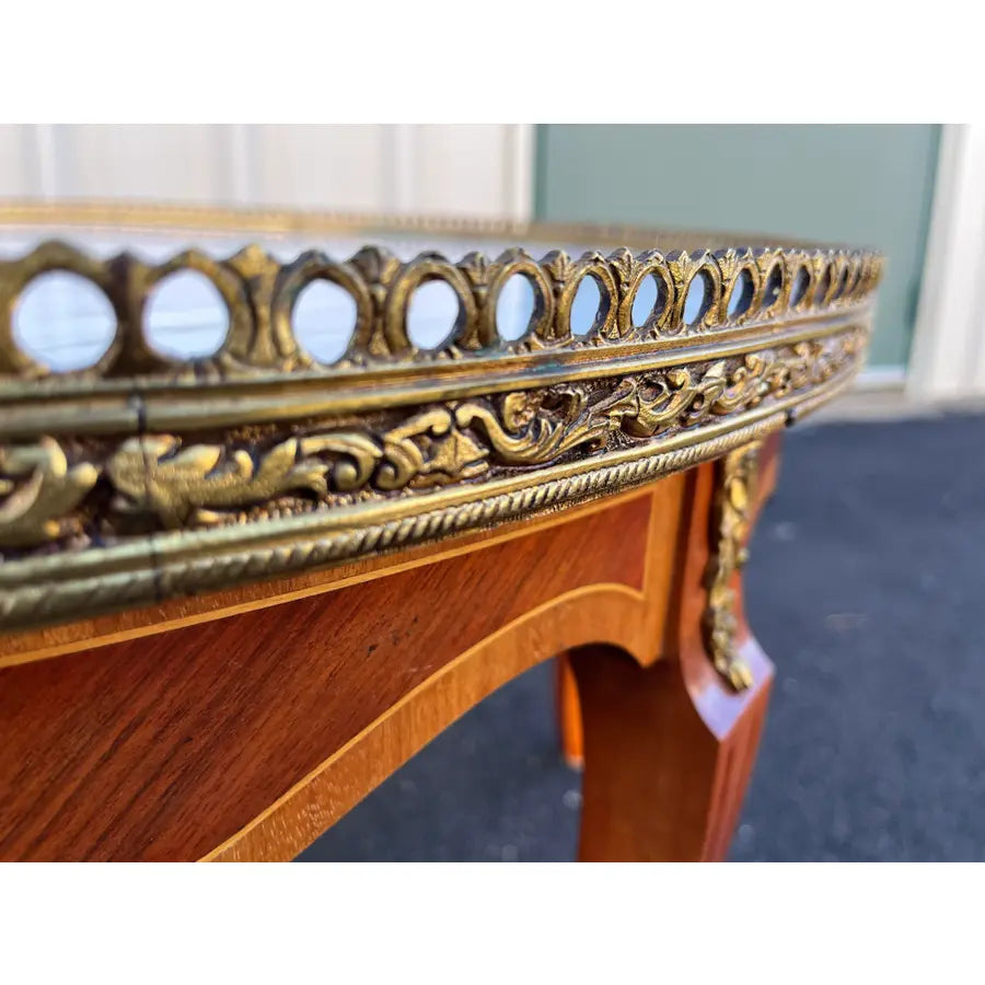Italian Style Banded Mahogany Marble Top Coffee Table With Brass Gallery- Spain, Mid 20th Century