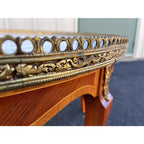 Italian Style Banded Mahogany Marble Top Coffee Table With Brass Gallery- Spain, Mid 20th Century