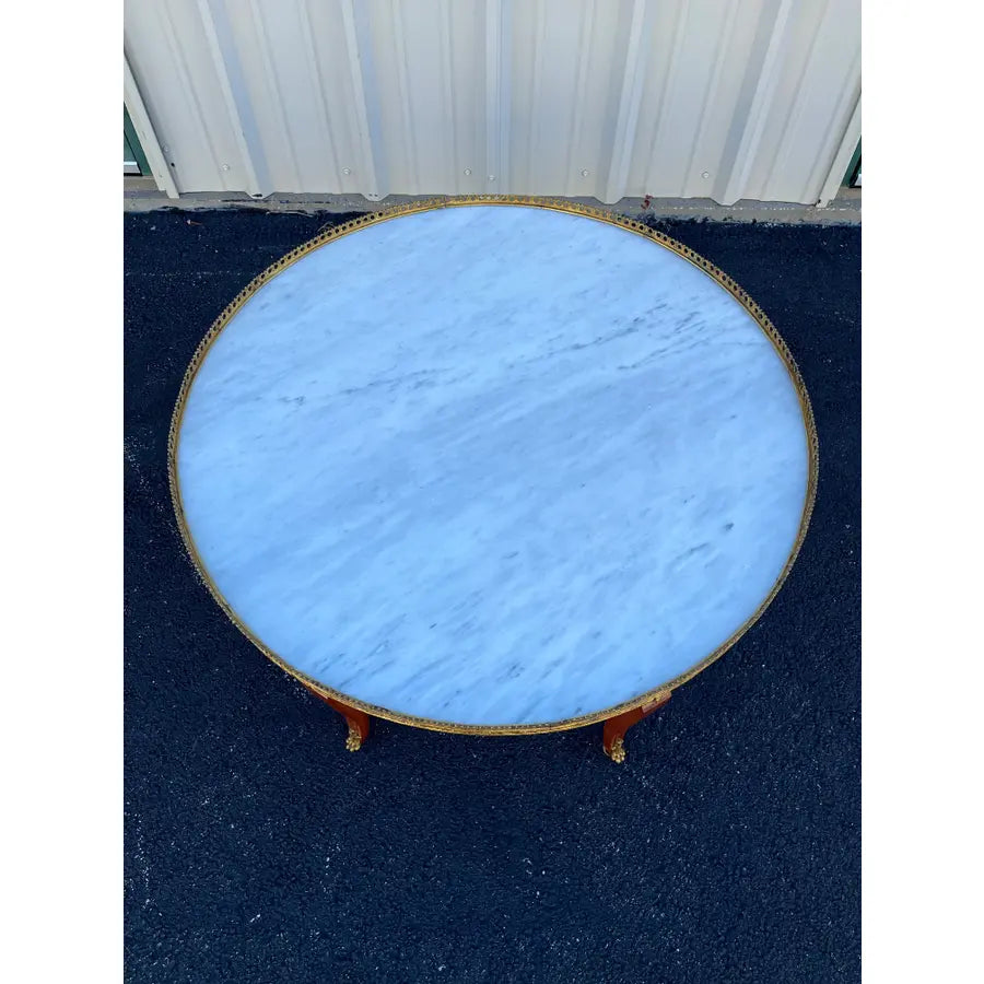 Italian Style Banded Mahogany Marble Top Coffee Table With Brass Gallery- Spain, Mid 20th Century