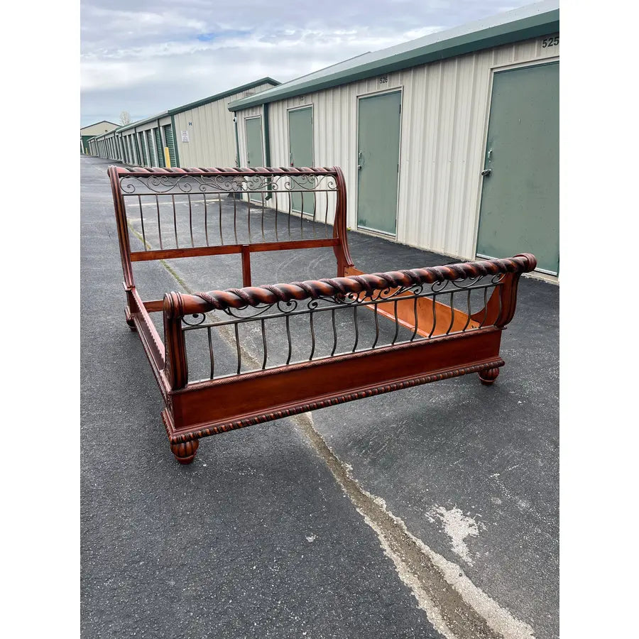 King Size Wrought Iron and Cherry Sleigh Bed Frame