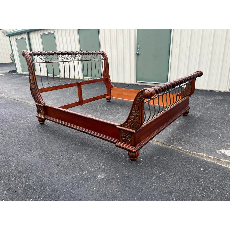 King Size Wrought Iron and Cherry Sleigh Bed Frame