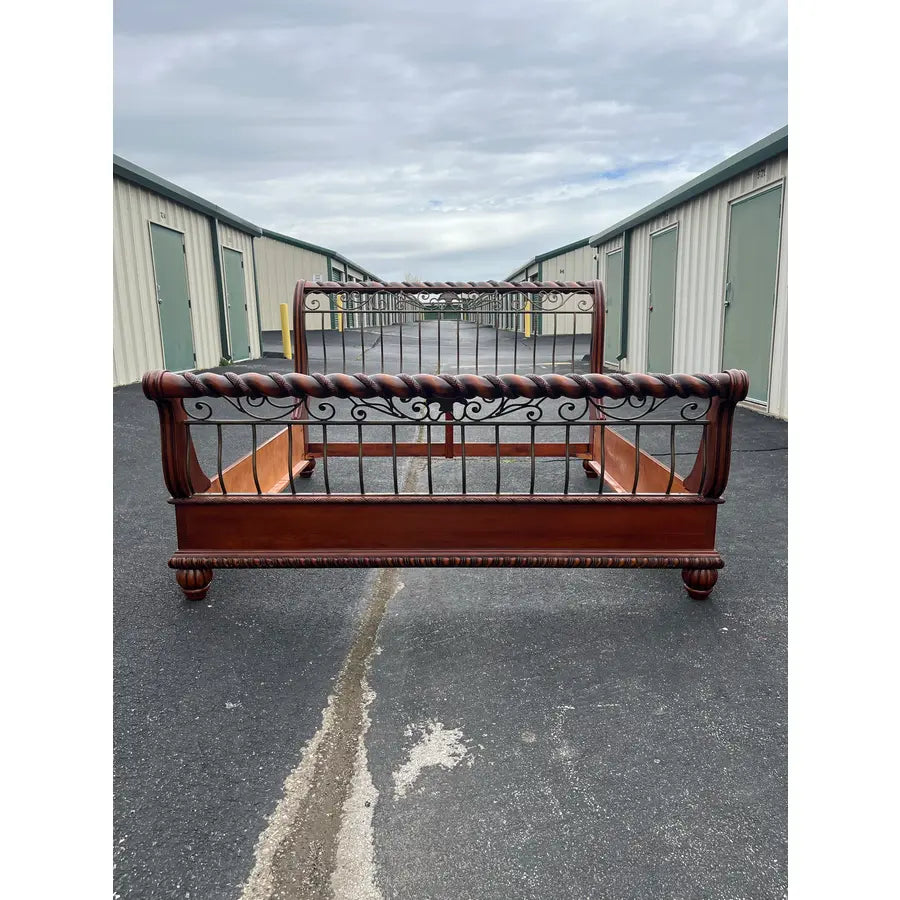 King Size Wrought Iron and Cherry Sleigh Bed Frame